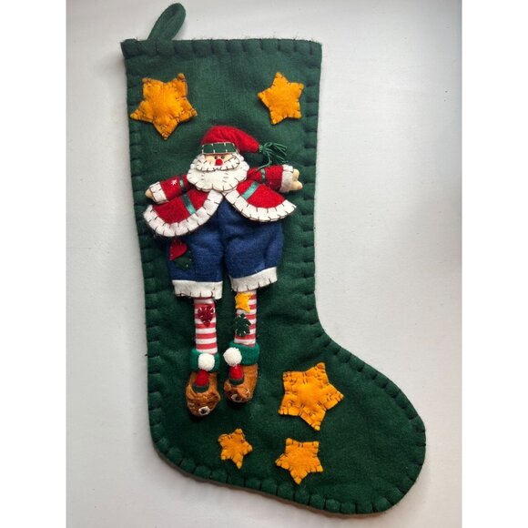 3D Christmas Santa Elf Stocking With Stars & Bear Shoes Green Felt Lined 18" L - Picture 1 of 9
